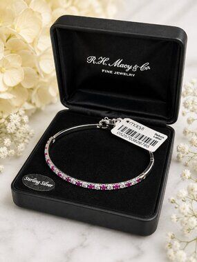 Macy's Sterling Silver Pink & Clear Lab-Created Gemstone Bangle Bracelet NWT